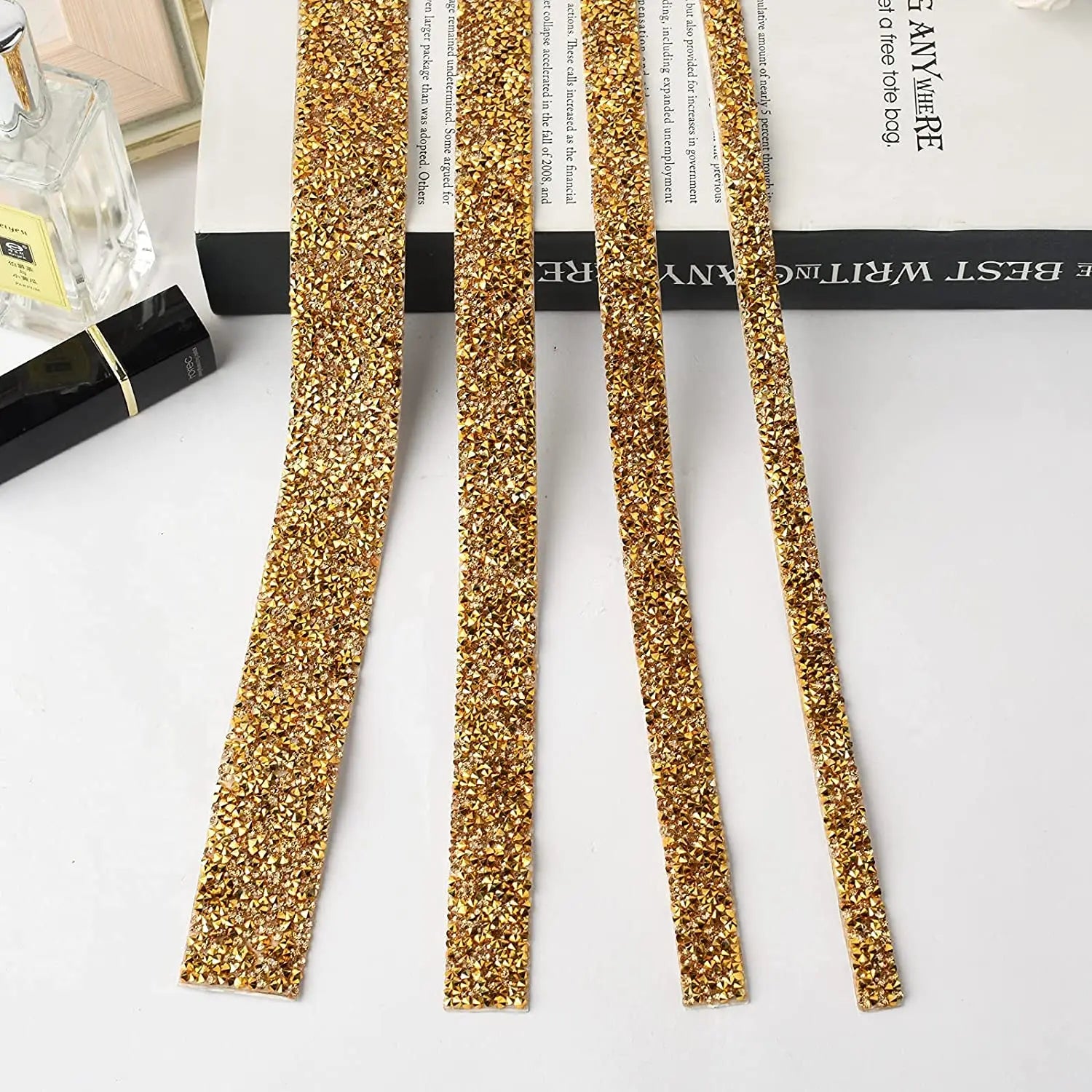 1 Yard Self-Adhesive Gold Crystal Rhinestone Tape Trim Applicator DIY Shoes Dresses Decoration Rhinestones Ribbon Roll Crafts Oasis Select