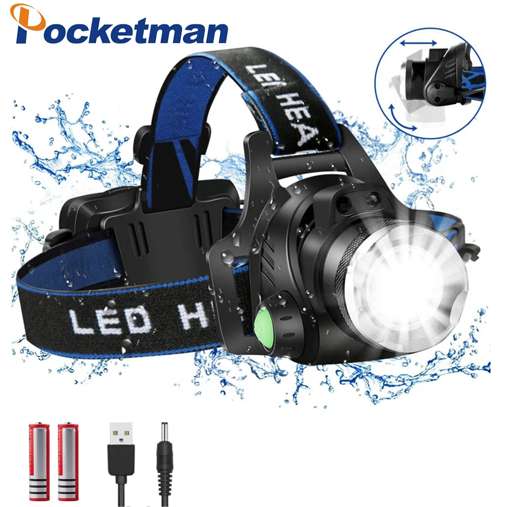 Powerful LED Headlamp Waterproof Headlight USB DC Charging Head Lamp Zoomable Head Front Light Use 18650 Battery Oasis Select Package F T6-8000 Lumen