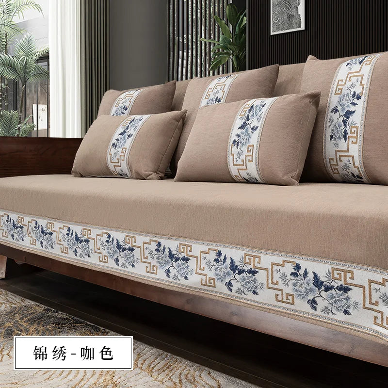 Four seasons universal high-grade solid wood non-slip new Chinese sofa cushion Nordic minimalist style back towel couch cover Oasis Select 90x120cm Curry color