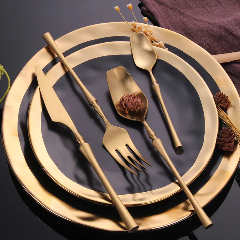 24Pcs/set Dinnerware Set 304 Stainless Steel Black Gold Cutlery Set Knife Fork Set Flatware Tableware Forks Knives Spoons Oasis Select 1set-4piece