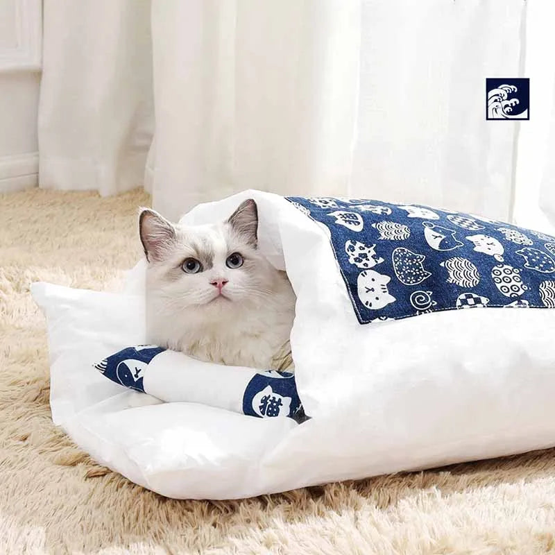 Japanese Cat Bed Warm Sleeping Bags Deep Sleep Caves Winter Removable Pet Cat's House Bed for Cats Dogs Nest Cushion with Pillow Oasis Select