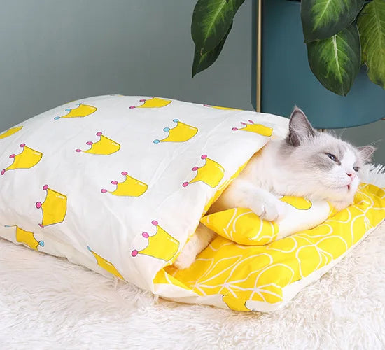 Japanese Cat Bed Warm Sleeping Bags Deep Sleep Caves Winter Removable Pet Cat's House Bed for Cats Dogs Nest Cushion with Pillow Oasis Select C S
