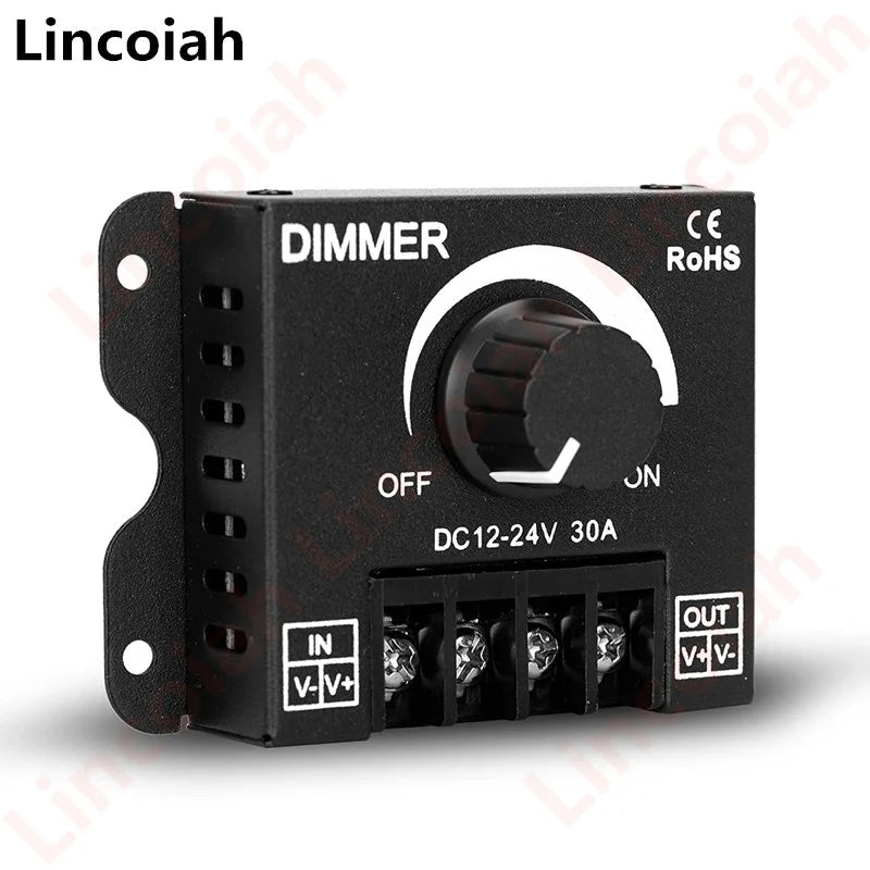 LED Light Strip Dimmer, DC12V-24V 30A PWM Dimming Controller for Dimmer Knob Adjust Brightness ON/Off Switch, Aluminum Housing Oasis Select LED Dimmer Switch DC 12V-24V 30A