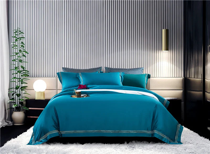 120s long-staple cotton satin cotton light luxury quilt cover four-piece high-end hotel European-style cotton bedding Oasis Select Sea blue 1.8m bed sheet