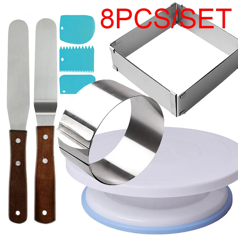 8pc Plastic Cake Turntable Rotating Set Adjustable Mousse Ring Knife Decorating 10 Inch Cream Cakes Stand Cake Rotary Table Hot Oasis Select