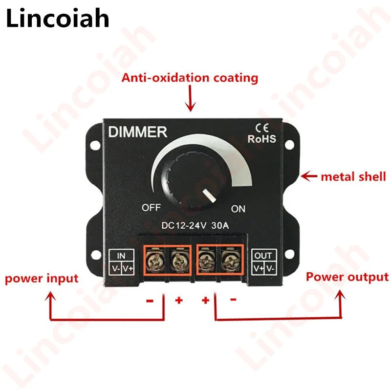 LED Light Strip Dimmer, DC12V-24V 30A PWM Dimming Controller for Dimmer Knob Adjust Brightness ON/Off Switch, Aluminum Housing Oasis Select