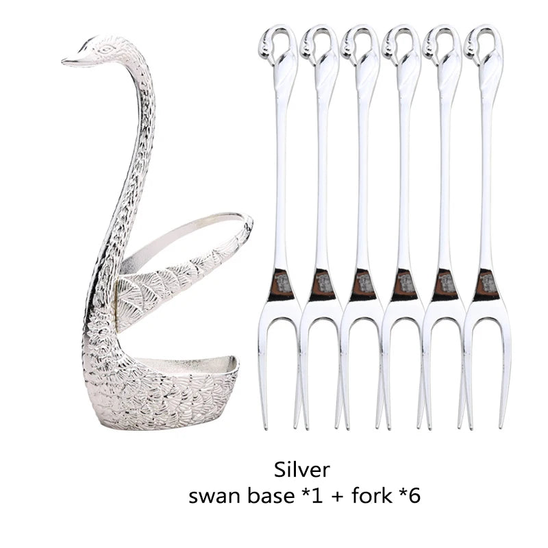 Swan Base Holder with Dessert Forks & Coffee Spoons Set Flatware Set Oasis Select sliver set-6fork