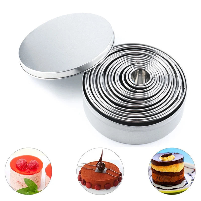 11pcs/Set Stainless Steel Round Cookie Moulds Practical Biscuit Cutters Circle DIY Mousse Cake Dessert Pastry Decorating Tool Oasis Select