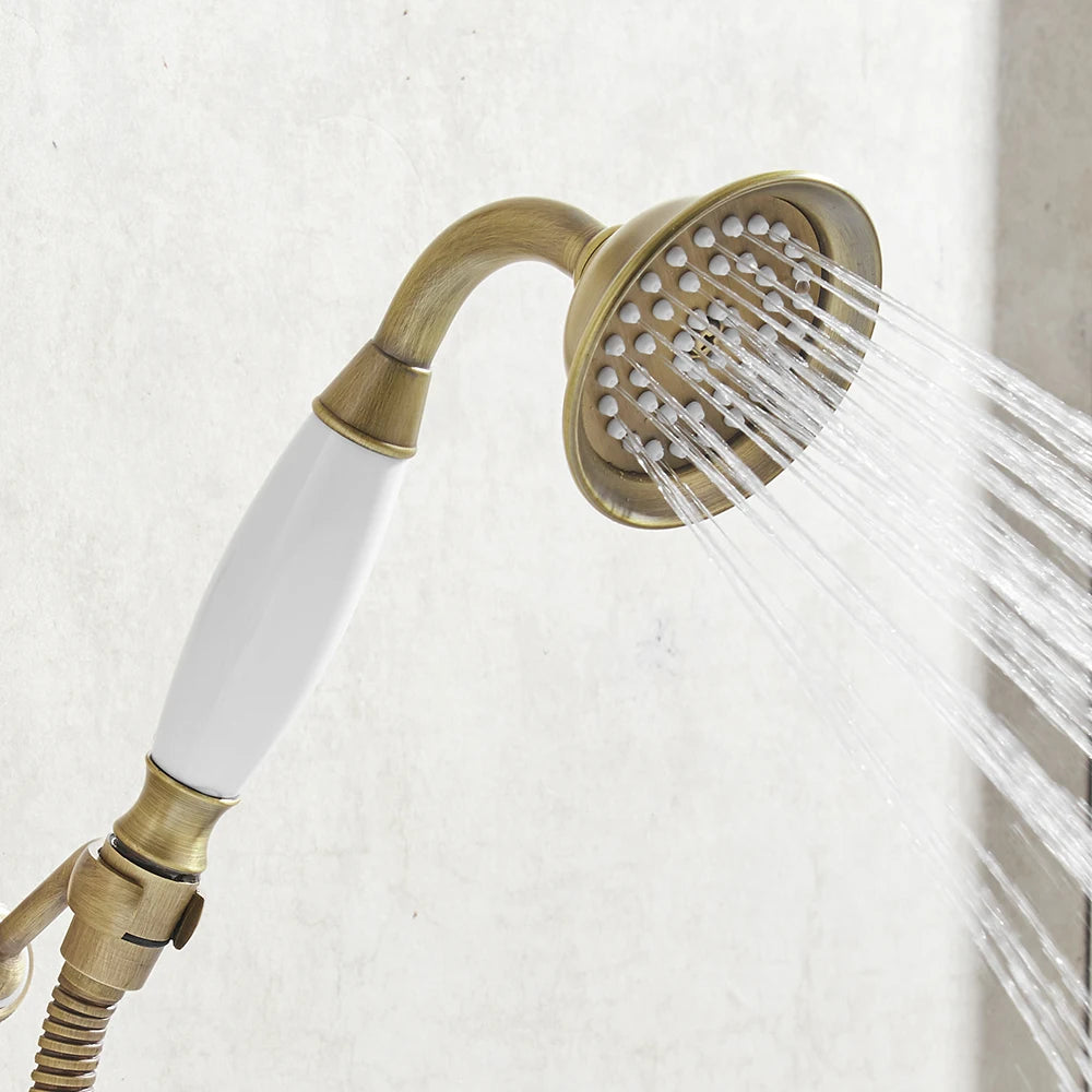 Shower Heads Antique Brass Bathroom Hand Held Shower Sprayer Head With Luxury Ceramics Bath Round Rainfall Shower Faucet HJ0527K Oasis Select