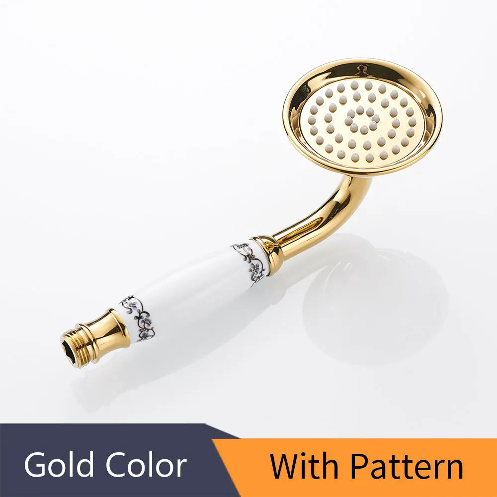 Shower Heads Antique Brass Bathroom Hand Held Shower Sprayer Head With Luxury Ceramics Bath Round Rainfall Shower Faucet HJ0527K Oasis Select Gold-Pattern