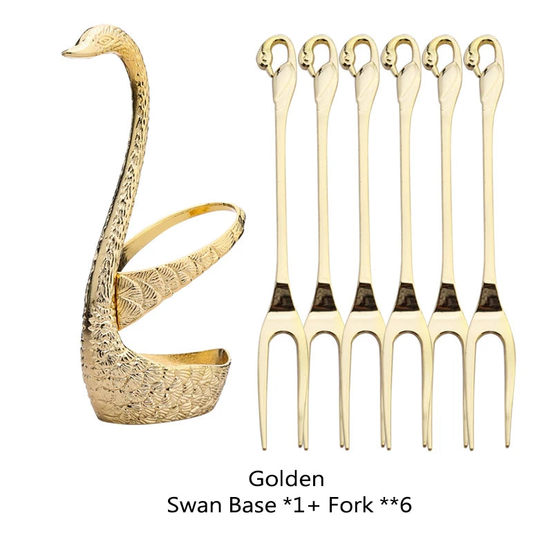 Swan Base Holder with Dessert Forks & Coffee Spoons Set Flatware Set Oasis Select gold set-6fork