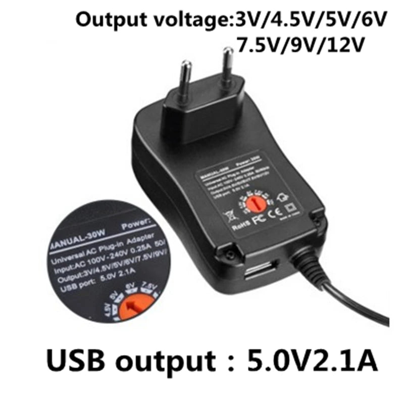 3V 4.5V 5V 6V 7.5V 9V 12V 2A/2.5A AC/DC Adapter US/EU/UK/AU Adjustable Power Adapters USB Universal Charger Switch Power Supply Oasis Select