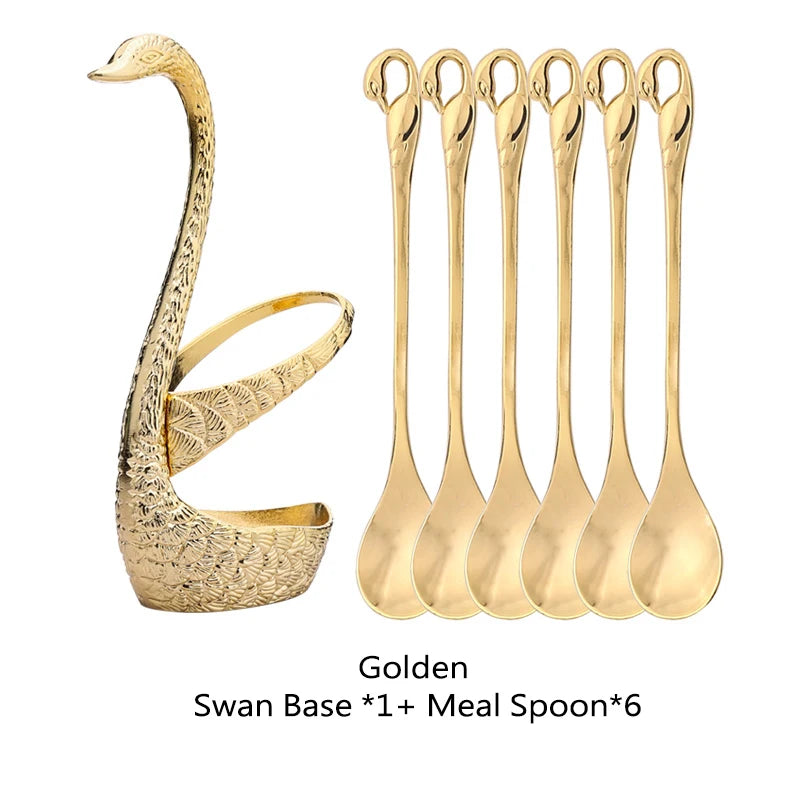 Swan Base Holder with Dessert Forks & Coffee Spoons Tableware Set Flatware Set Oasis Select gold set-6spoon