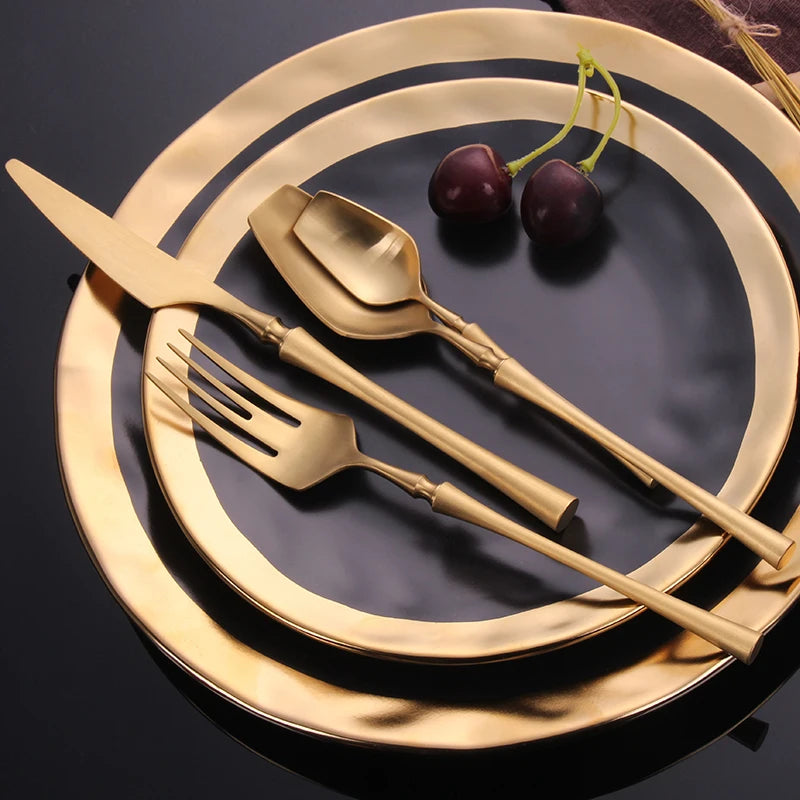24Pcs/set Dinnerware Set 304 Stainless Steel Black Gold Cutlery Set Knife Fork Set Flatware Tableware Forks Knives Spoons Oasis Select