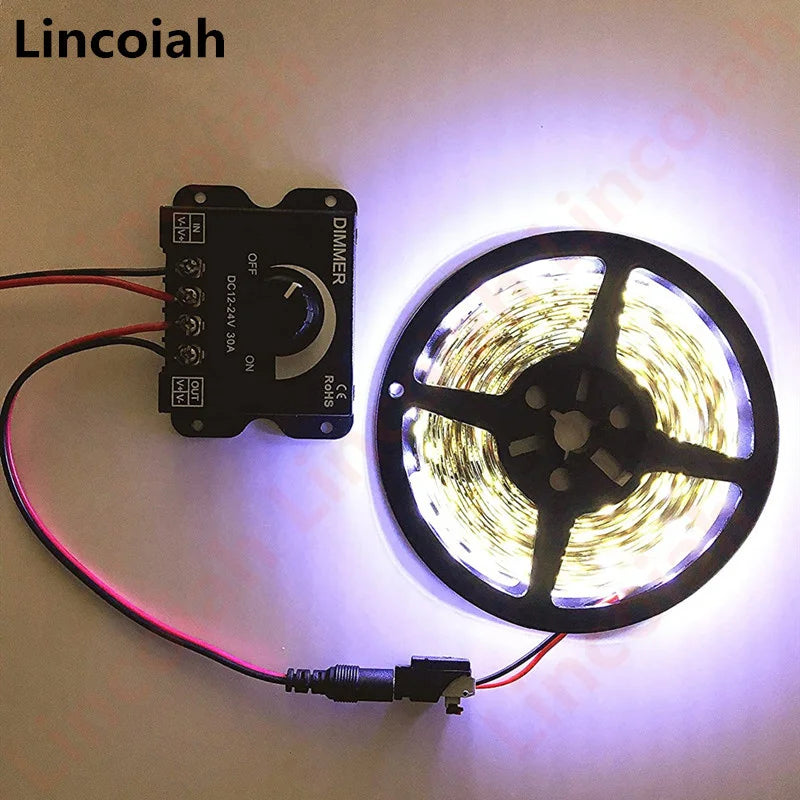 LED Light Strip Dimmer, DC12V-24V 30A PWM Dimming Controller for Dimmer Knob Adjust Brightness ON/Off Switch, Aluminum Housing Oasis Select