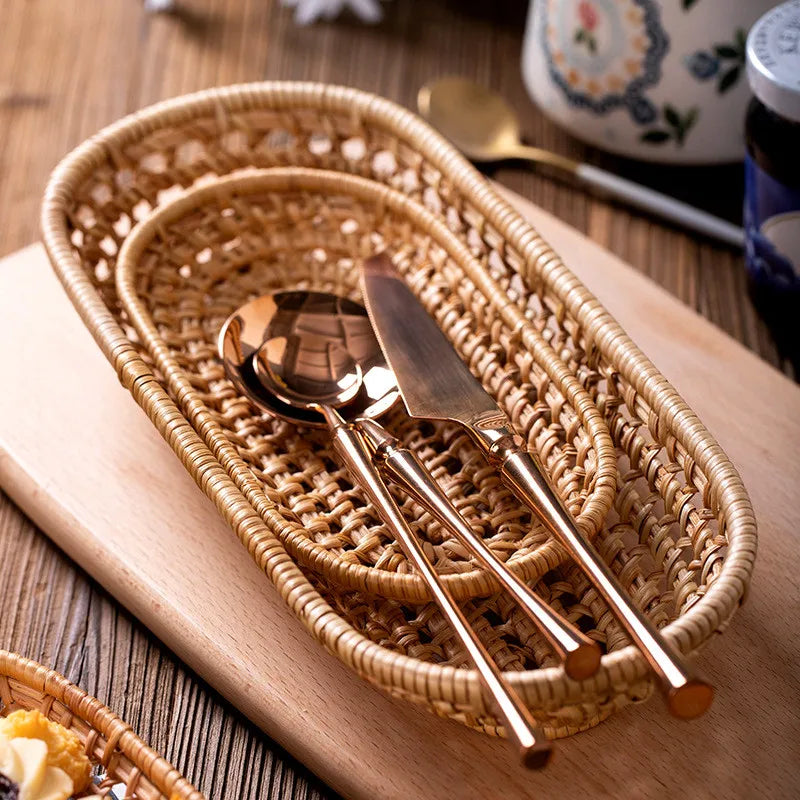 Hand-Woven Rattan Bread Storage Tray Fruit Basket Breakfast Serving Trays Oval Tea Snack Plate Cutlery Tray Home Decoration Oasis Select