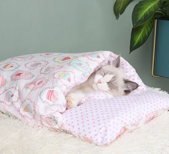 Japanese Cat Bed Warm Sleeping Bags Deep Sleep Caves Winter Removable Pet Cat's House Bed for Cats Dogs Nest Cushion with Pillow Oasis Select F S
