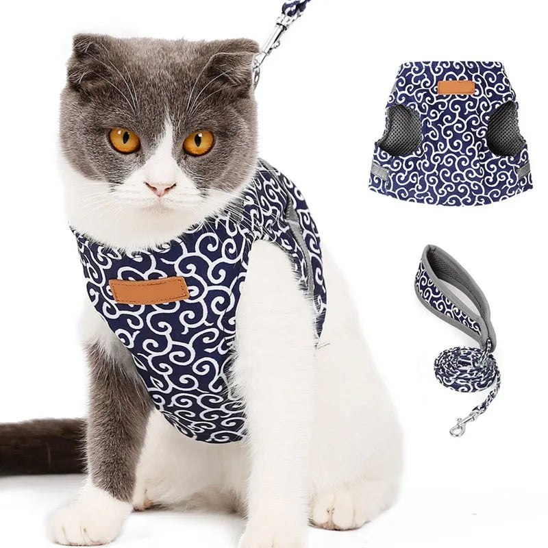 Cat Harness and Leash for Walking Lead Leash Set Adjustable Dog Collar Japanese Style Harness Vest Walking Leash For Dog Cat Pet Oasis Select Blue S