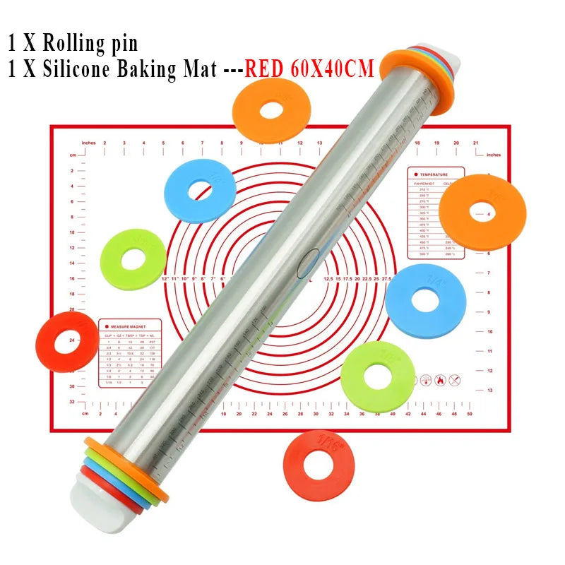 Adjustable Stainless Steel Rolling Pins 4 Removable Thickness Rings Pastry Mat for Dough Pizza Pastry Pie Cookies Bakeware Tool Oasis Select