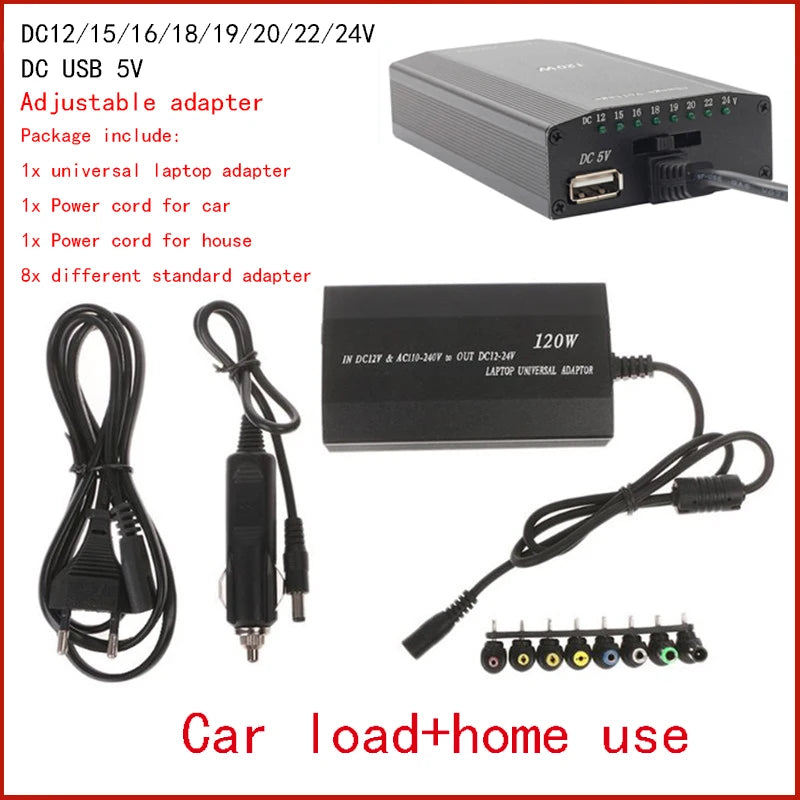 AC DC 120W 220v 110v to 12V 15V 16V 18V 19V 20V 22V 24V Adjustable Adapter Power Supply Car Charger Universal Usb Notebook Oasis Select EU Plug