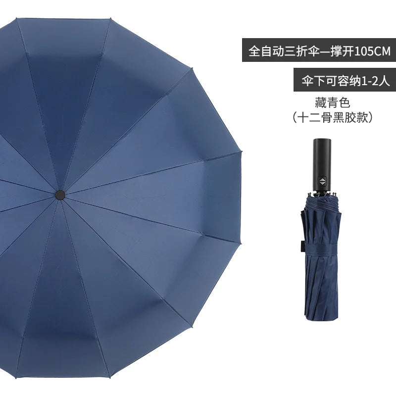 Automatic 12 bone windproof automatic umbrella men's business solid folding umbrella Oasis Select navy blue