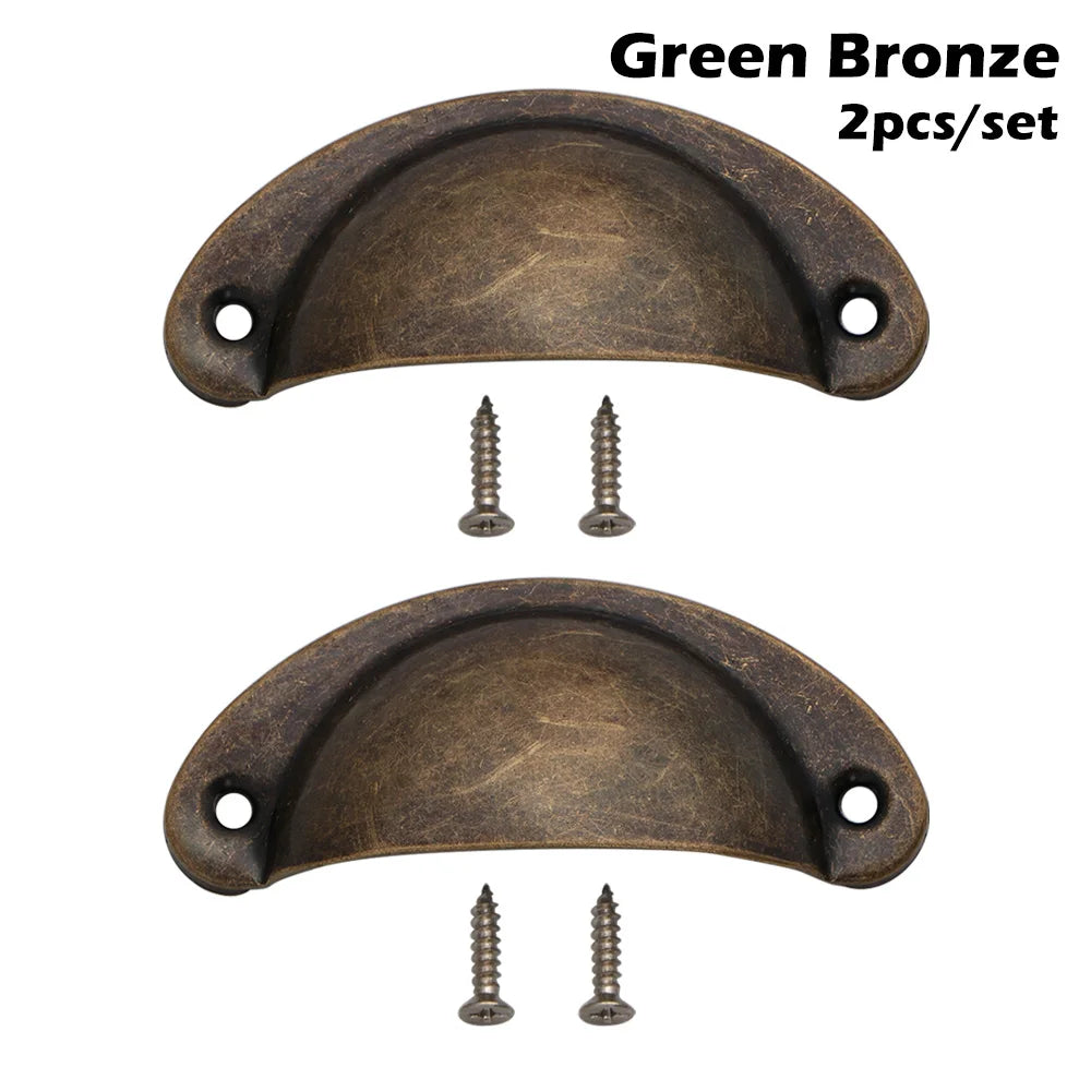 2PCS Antique Brass Shell Pull Handles Retro Iron Wardrobe Door 98MM Furniture Hardware Fittings Kitchen Drawer Knobs Cabinet Oasis Select B-green bronze