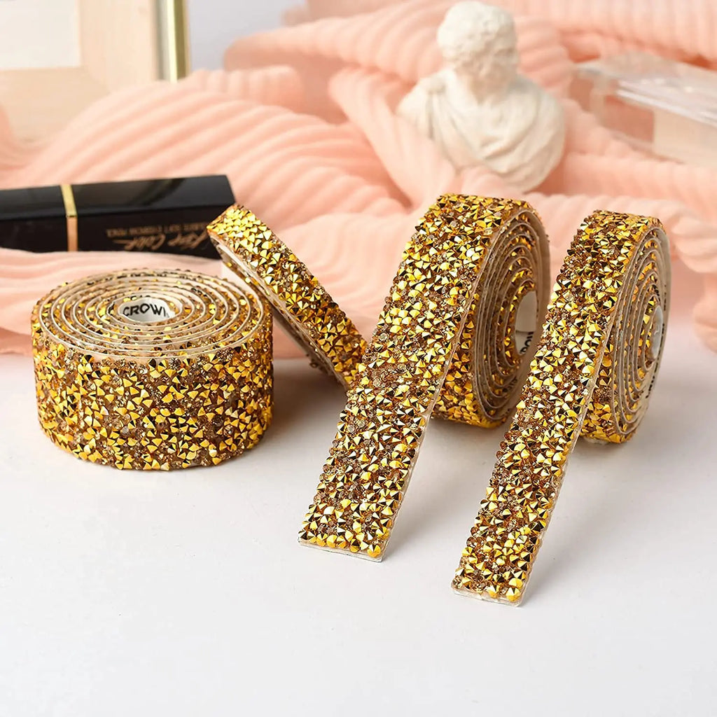 1 Yard Self-Adhesive Gold Crystal Rhinestone Tape Trim Applicator DIY Shoes Dresses Decoration Rhinestones Ribbon Roll Crafts Oasis Select