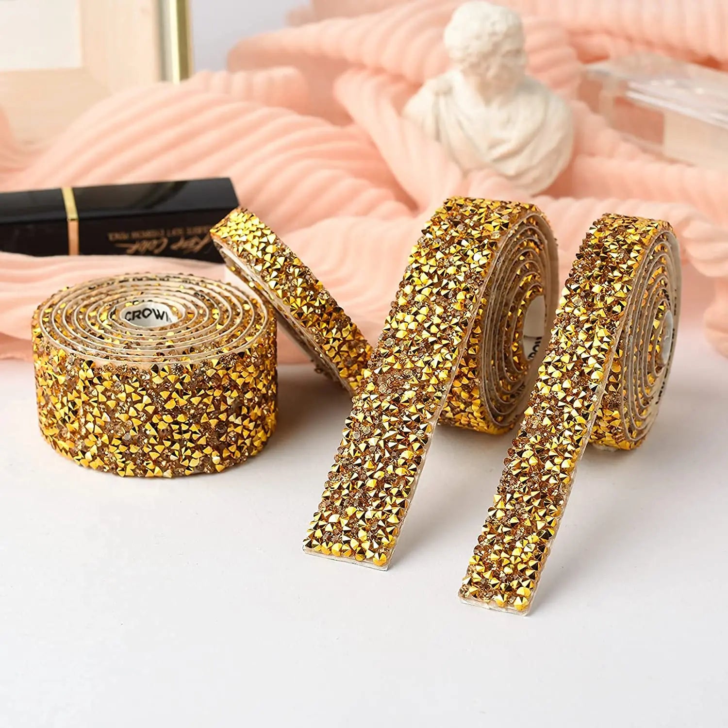 1 Yard Self-Adhesive Gold Crystal Rhinestone Tape Trim Applicator DIY Shoes Dresses Decoration Rhinestones Ribbon Roll Crafts Oasis Select