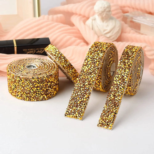 1 Yard Self-Adhesive Gold Crystal Rhinestone Tape Trim Applicator DIY Shoes Dresses Decoration Rhinestones Ribbon Roll Crafts Oasis Select