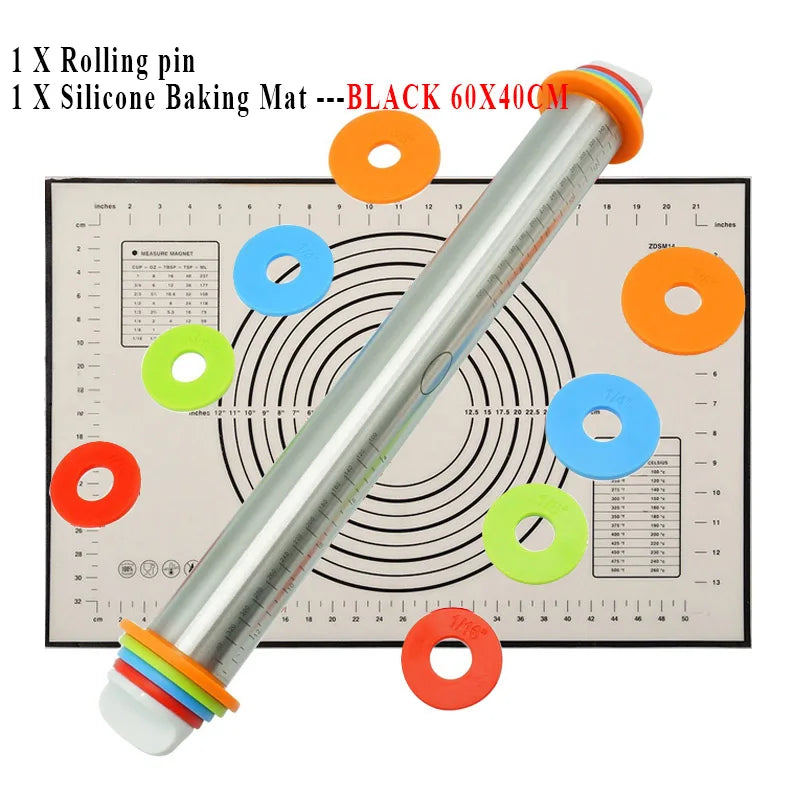 Adjustable Stainless Steel Rolling Pins 4 Removable Thickness Rings Pastry Mat for Dough Pizza Pastry Pie Cookies Bakeware Tool Oasis Select BLA-60X40CM Rolling