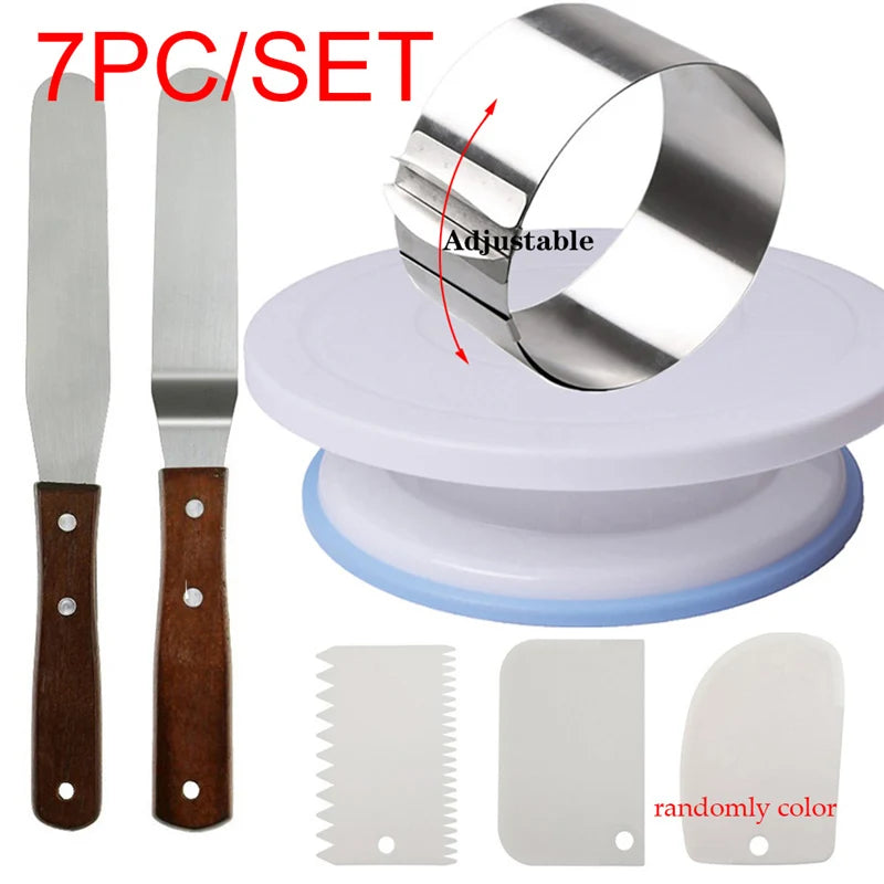 8pc Plastic Cake Turntable Rotating Set Adjustable Mousse Ring Knife Decorating 10 Inch Cream Cakes Stand Cake Rotary Table Hot Oasis Select Chocolate