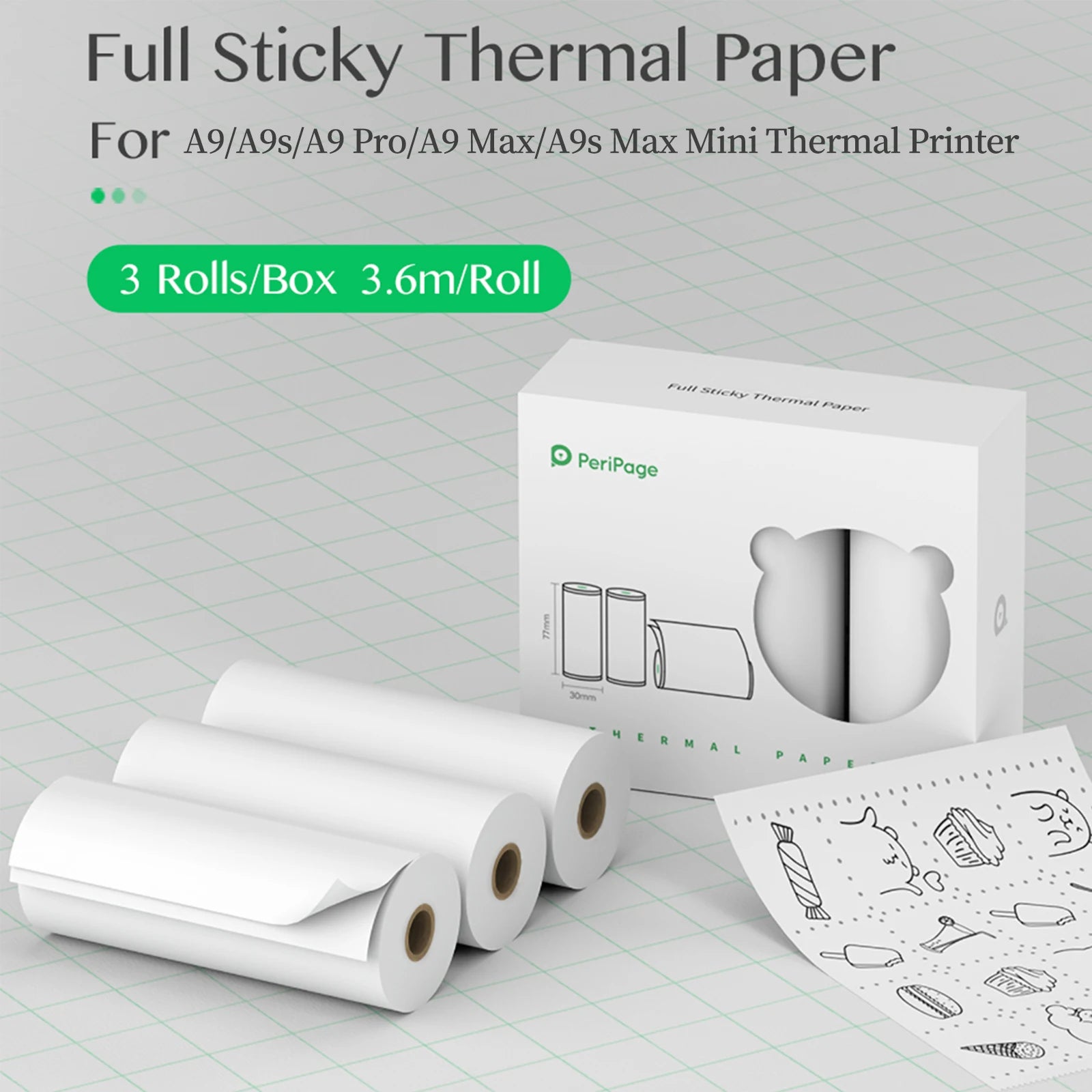 PeriPage 107mm/77mm/56mm Thermal Paper Roll BPA-Free Non-adhesive Receipt Printing Paper Waterproof Oil-proof Friction-proof Oasis Select 77mm Sticky White