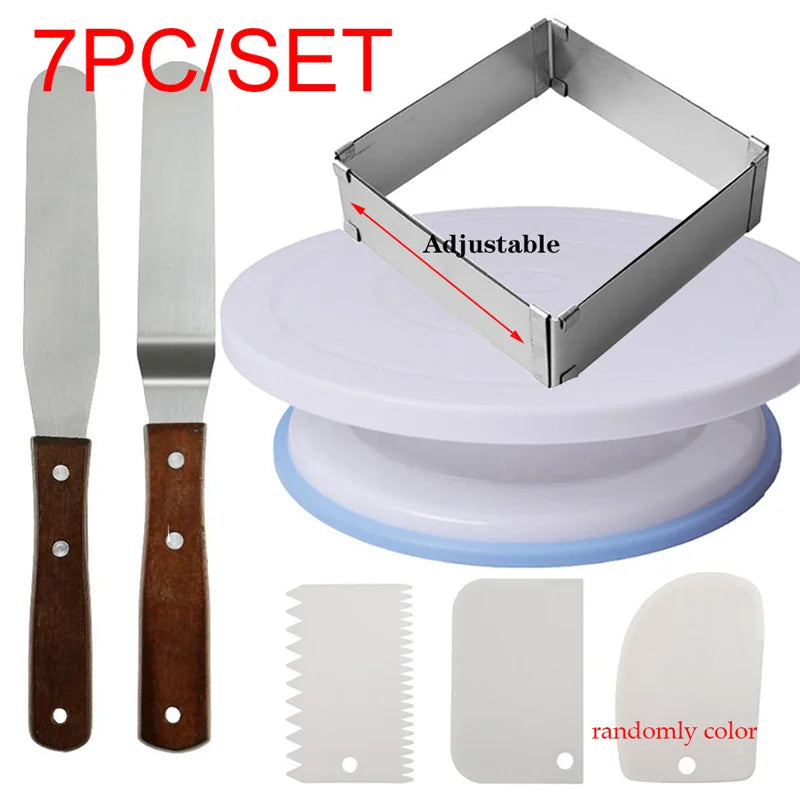8-Piece Rotating Cake Turntable Set – Mousse Rings & Spatulas Cake Decorating Set Oasis Select Dark Khaki