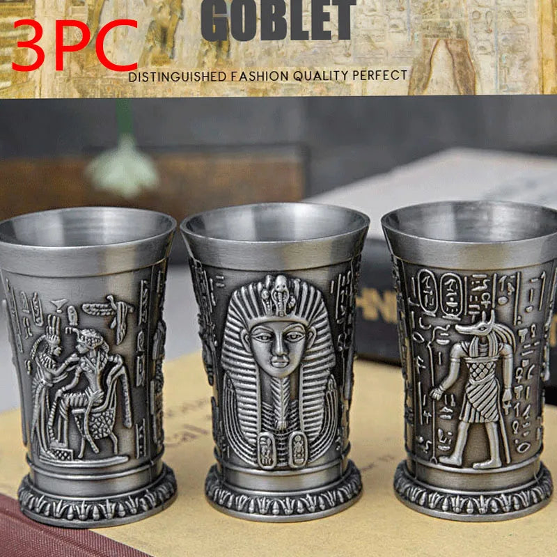 Creative European Retro Wine Glass Zinc Alloy Egyptian Wine Glass Ancient Egypt Wine Glass Metal Crafts Christmas Halloween Gift Oasis Select 3 pc
