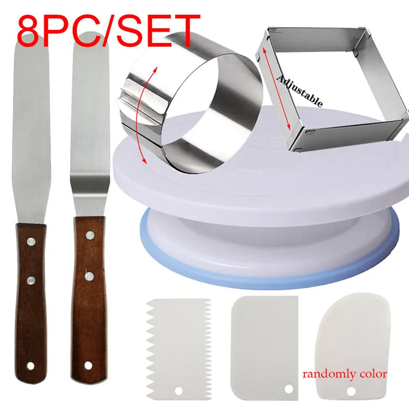 8-Piece Rotating Cake Turntable Set – Mousse Rings & Spatulas Cake Decorating Set Oasis Select Pink