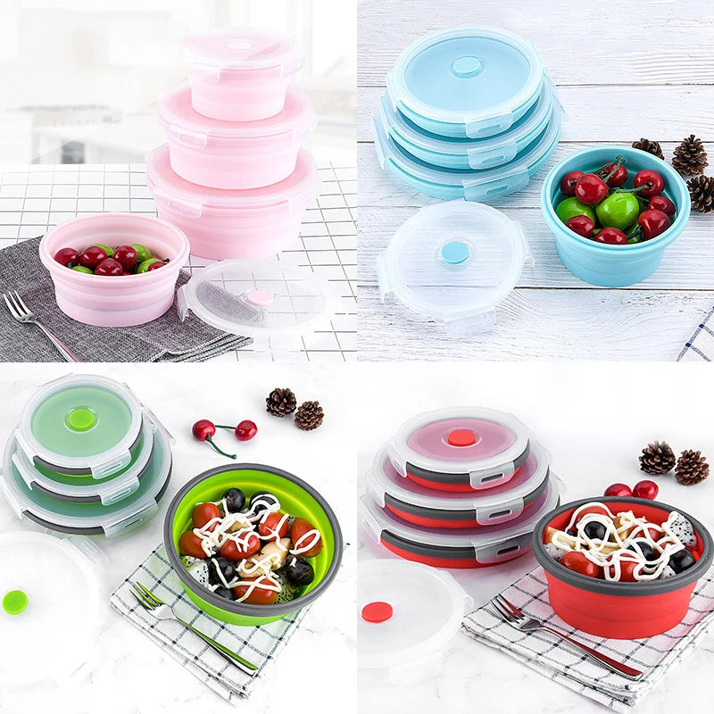 4-Piece Silicone Folding Lunch Box Set – Microwave & Leakproof Silicone Lunch Box Set Oasis Select Blue