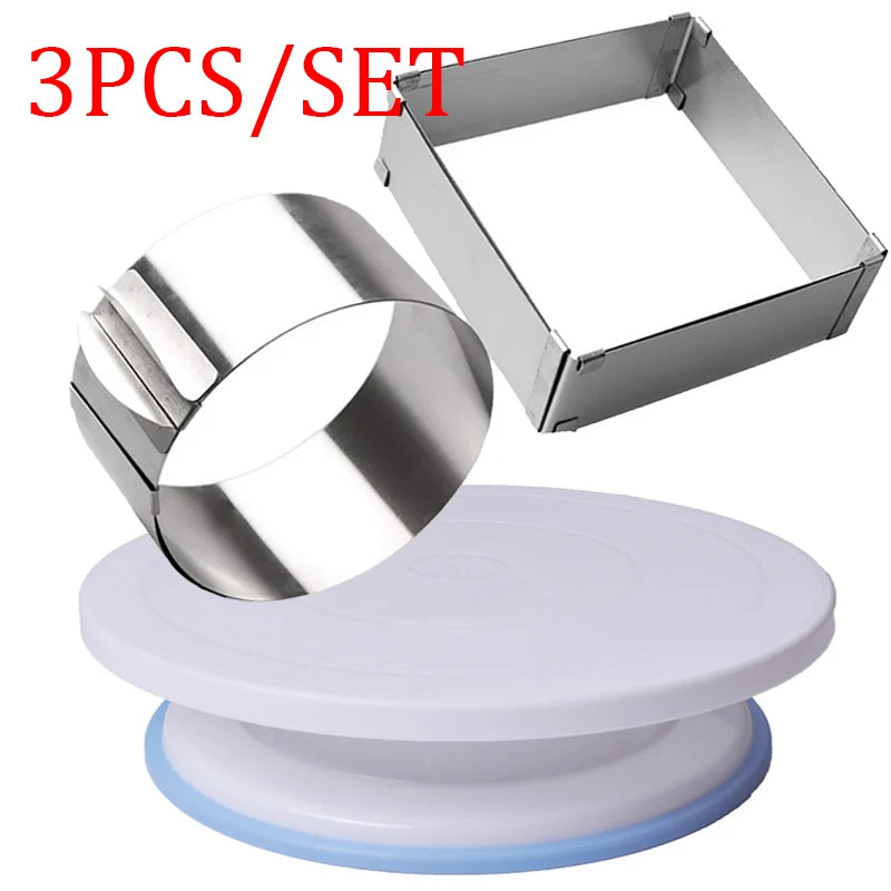 8-Piece Rotating Cake Turntable Set – Mousse Rings & Spatulas Cake Decorating Set Oasis Select Transparent