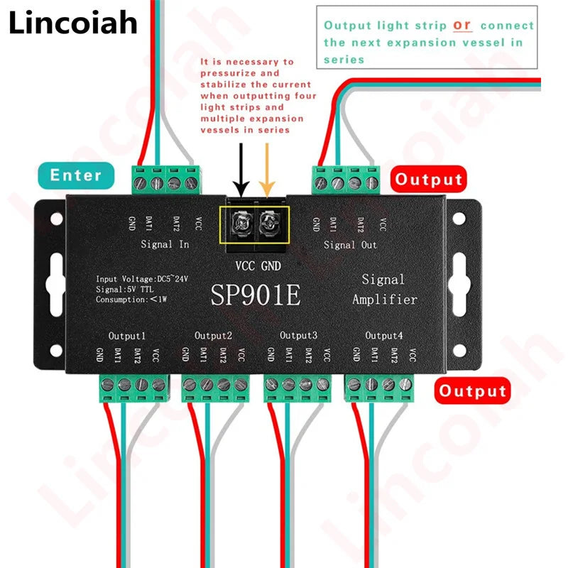 SP901E SPI Signal Amplifier Repeater for WS2812B WS2811 WS2813 RGB Addressable LED Pixel Strip Programmable Matrix Panel Light Oasis Select