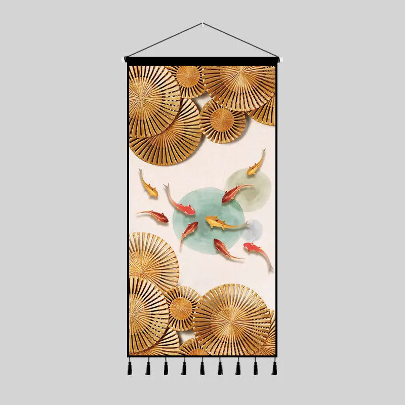 Tapestry decoration painting living room entrance porch new Chinese background cloth wall decoration hanging cloth wall decor Oasis Select 40cm x80cm 4 tassels 4
