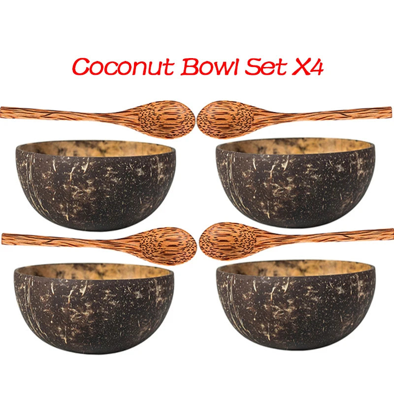 Natural Coconut Shell Bowl – Eco-Friendly Fruit & Salad Bowl Coconut Shell Bowl Oasis Select 4PCS with spoons