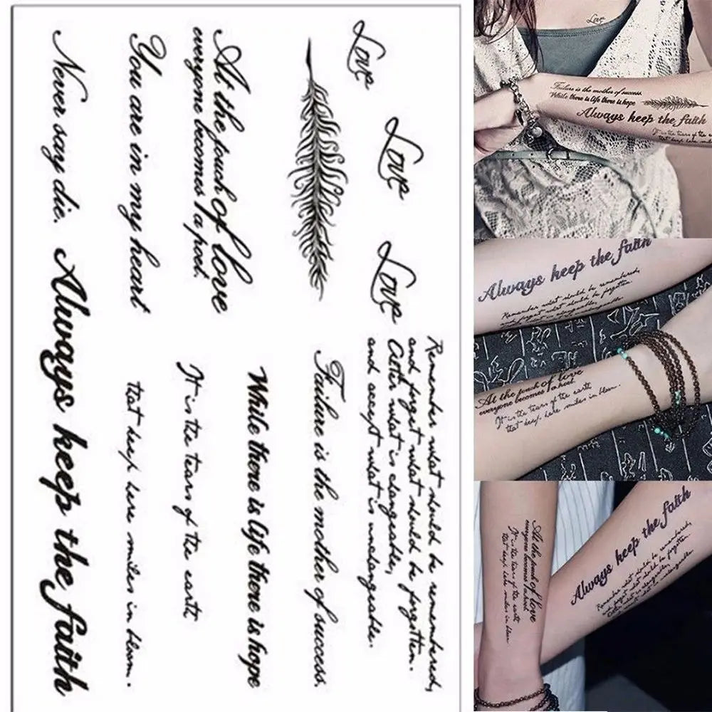 Waterproof Temporary Tattoo Stickers – Black Words & Feather