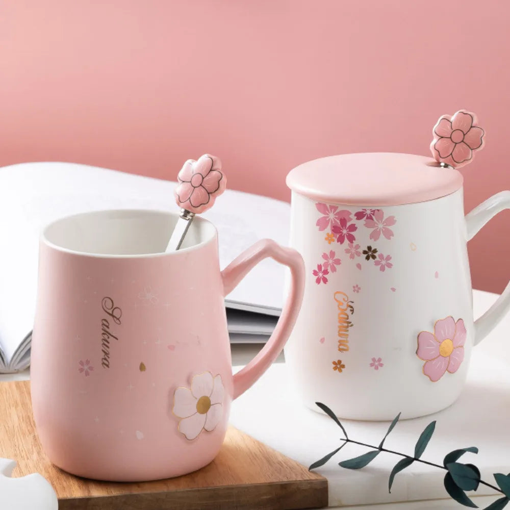 Relief Cherry Blossom Ceramic Mug With Lid Spoon Heat-resistant Mugs Milk Coffee Cup Couple Tea Juice Cups Drinkware Oasis Select