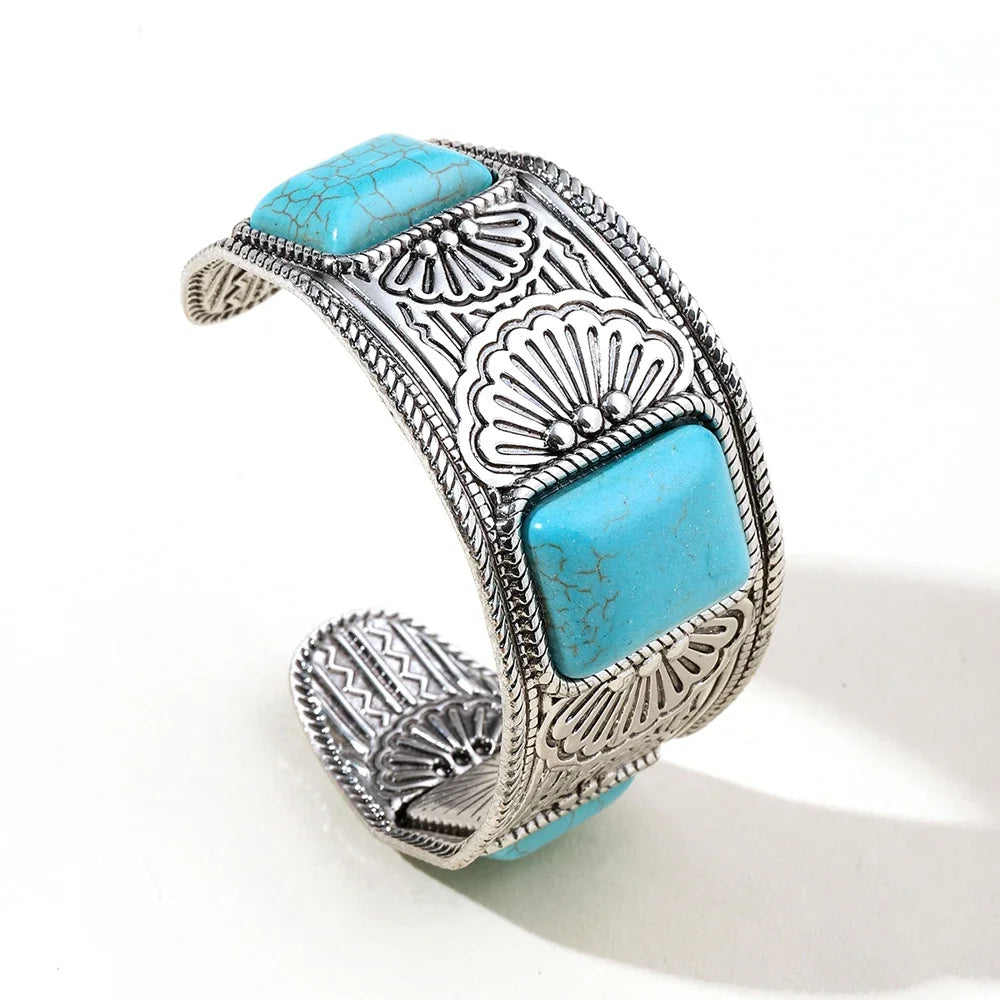 Multi Type Inlaid Imitation Turquoise Alloy Cuff Bracelet for Women New Fashion Bohemian C Shape Open Bangle Jewelry Accessories Oasis Select