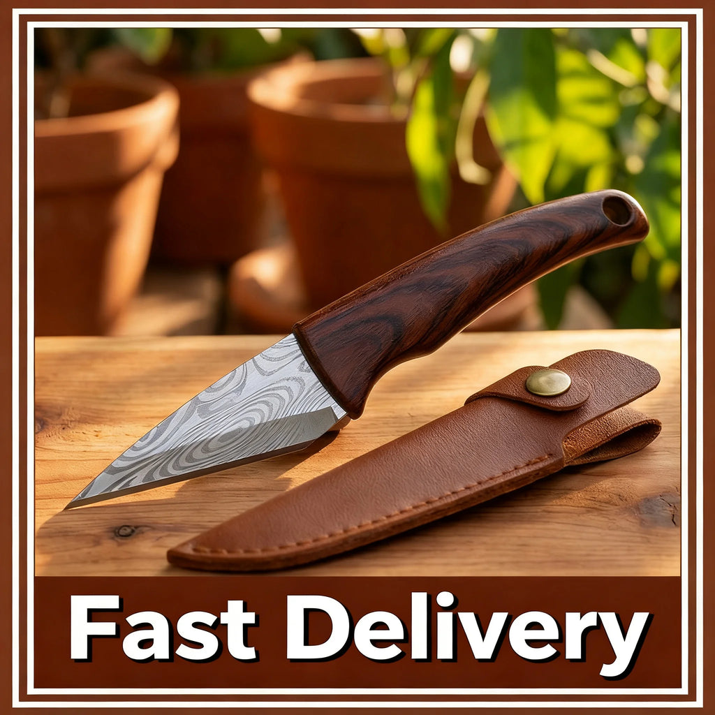 Grafting Knife – Sharp Blade, Wood Grain Handle & Leather Sheath