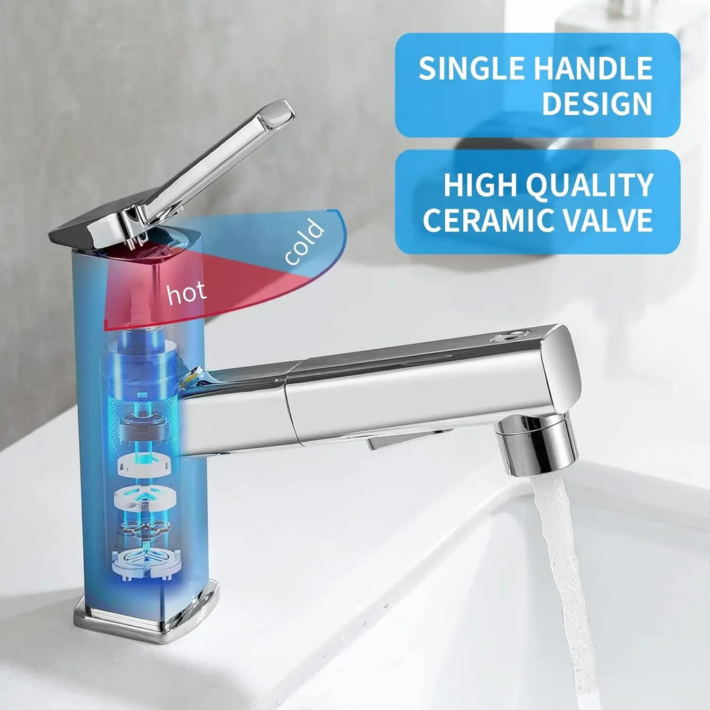3 Patterns Bathroom Pull Out Taps Faucet with Pull Down Spray Swivel Spout Faucet Bathroom Sink Single Hole Pull Out Faucet Oasis Select