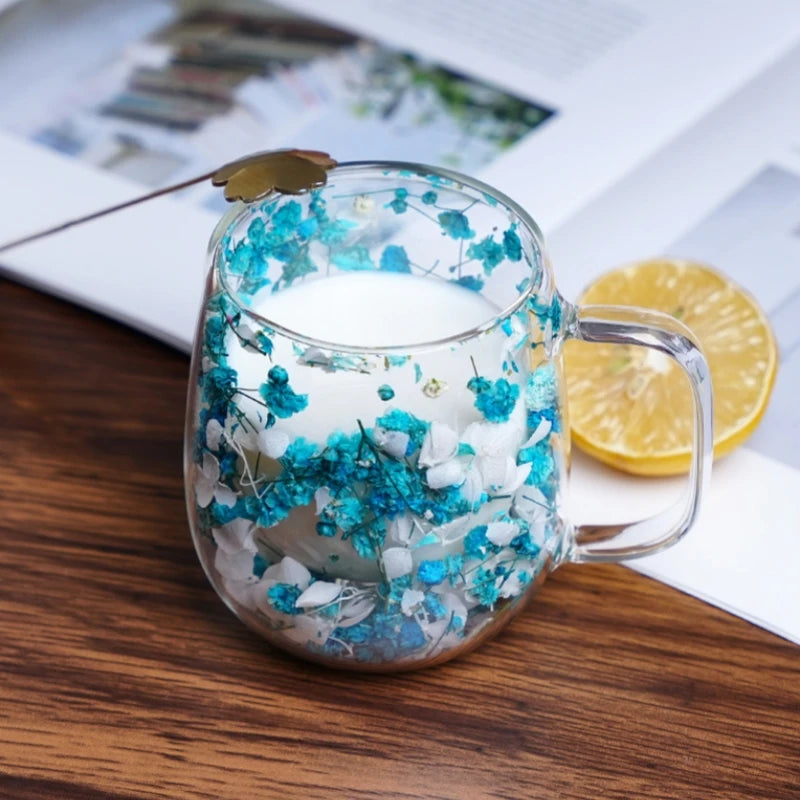 250ml Double-Walled Glass Cup with Handle High Borosilicate Reusable Coffee Mug, Built-In Floral Design for Hot & Cold Beverages Oasis Select