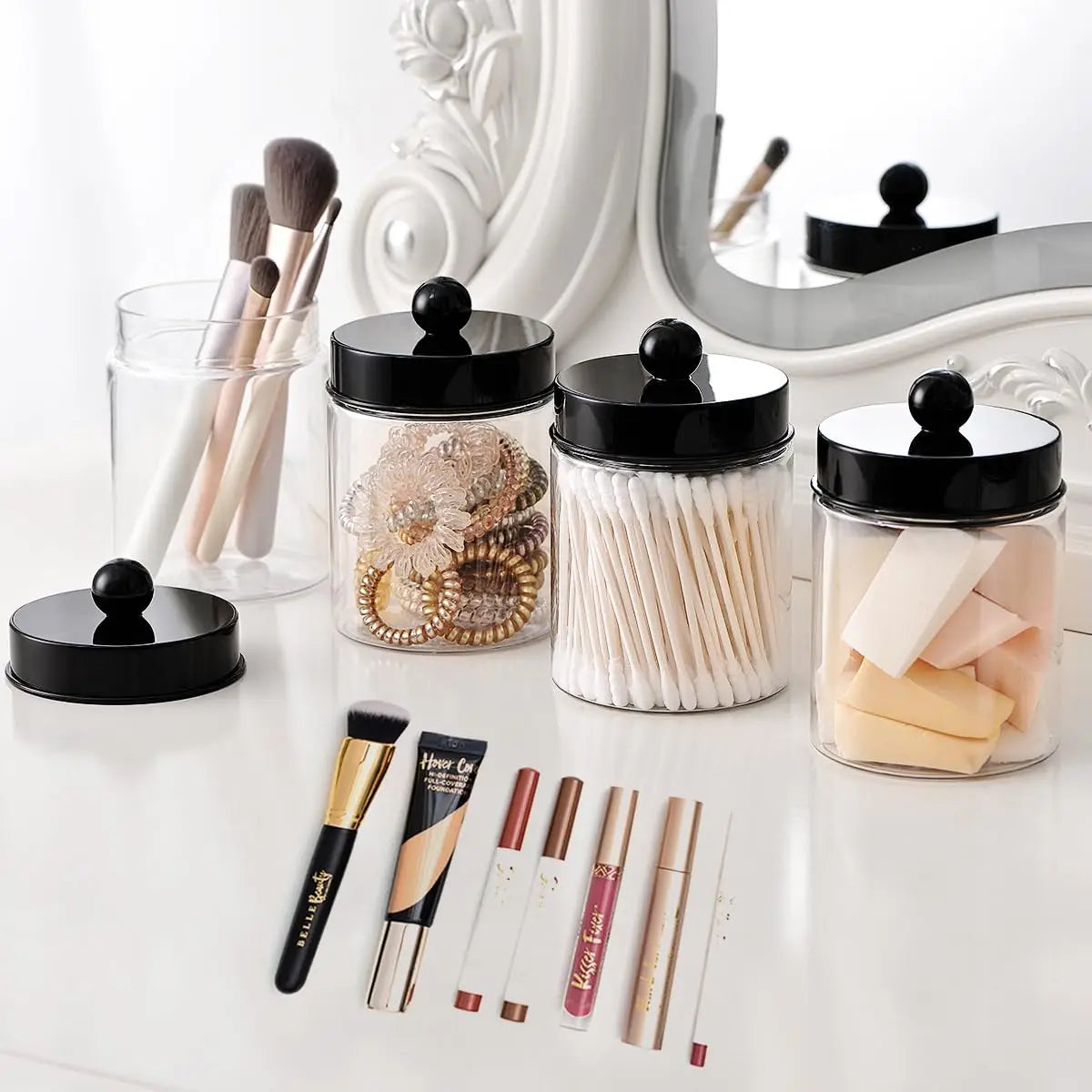 Bathroom Vanity Storage Organizer Set -- Farmhouse Decor Qtip Holder for Cotton Swabs,Makeup Sponges,Flossers,Paper Clips Oasis Select