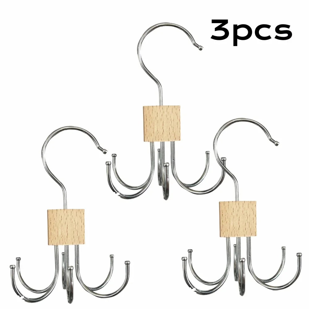 360° Rotating Storage Hanger Hook Multi-Claw Bag Metal Belts Rack Wooden Organizer For Bras Ties Scarves Household Closet Acces Oasis Select Wood color 3pcs