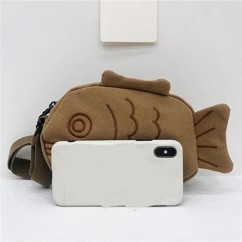 Fish Shape Canvas Messenger Bag Fashion Cute Embroidery Portable Zippered Small Purses Handbags Mini Crossbody Bag Oasis Select