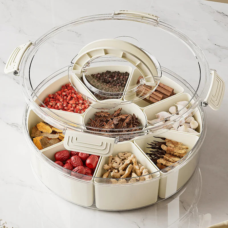 Round Snack Tray with Lid and Handle-Portable 9/6 ccells food storage box with 360 ° swivel and clear window cover for travel Oasis Select